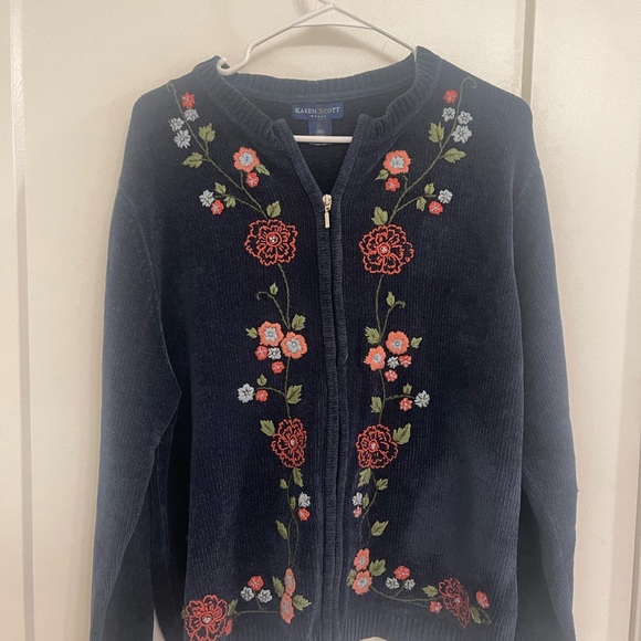 Karen Scott Other - Vintage cottagecore Grandmacore Navy Floral Embroidered Cardigan Jacket